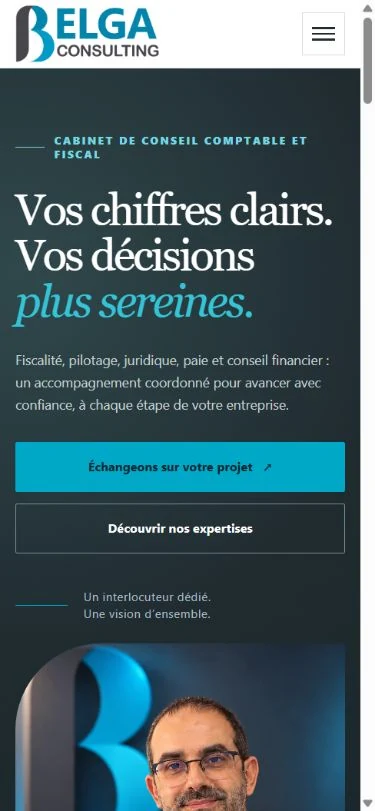 Accueil de Belga Consulting sur mobile, avec sa présentation et ses accès aux expertises et au contact.