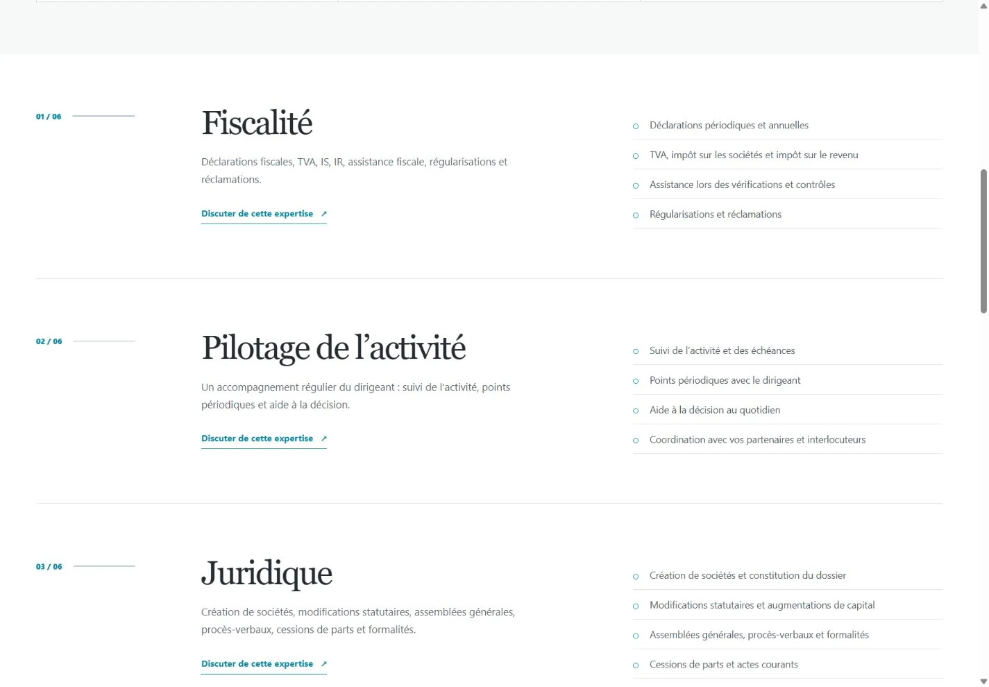 Page des expertises de Belga Consulting : fiscalité, pilotage et juridique.