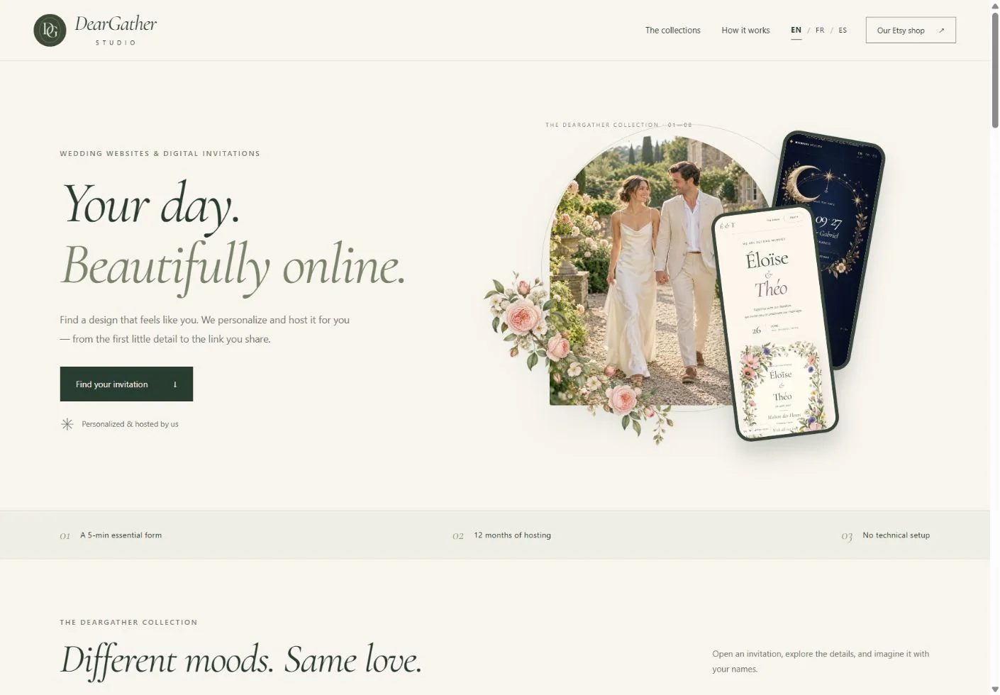 Page d’accueil de DearGather Studio : collections de sites de mariage et invitations numériques