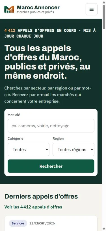 Accueil mobile de Maroc Annoncer avec recherche par mot-clé, catégorie et région.