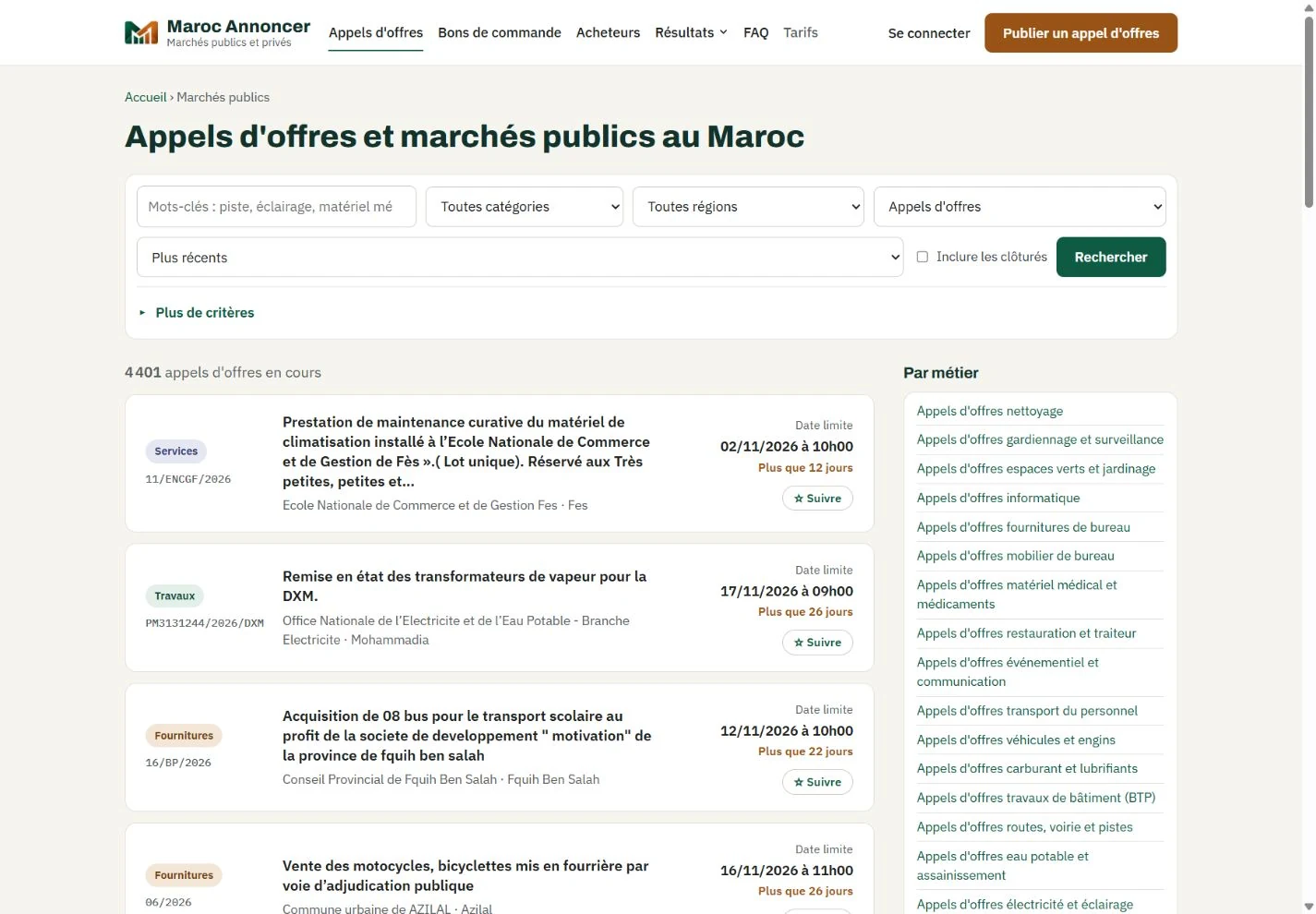 Recherche Maroc Annoncer avec filtres, tri et liste des marchés publics.
