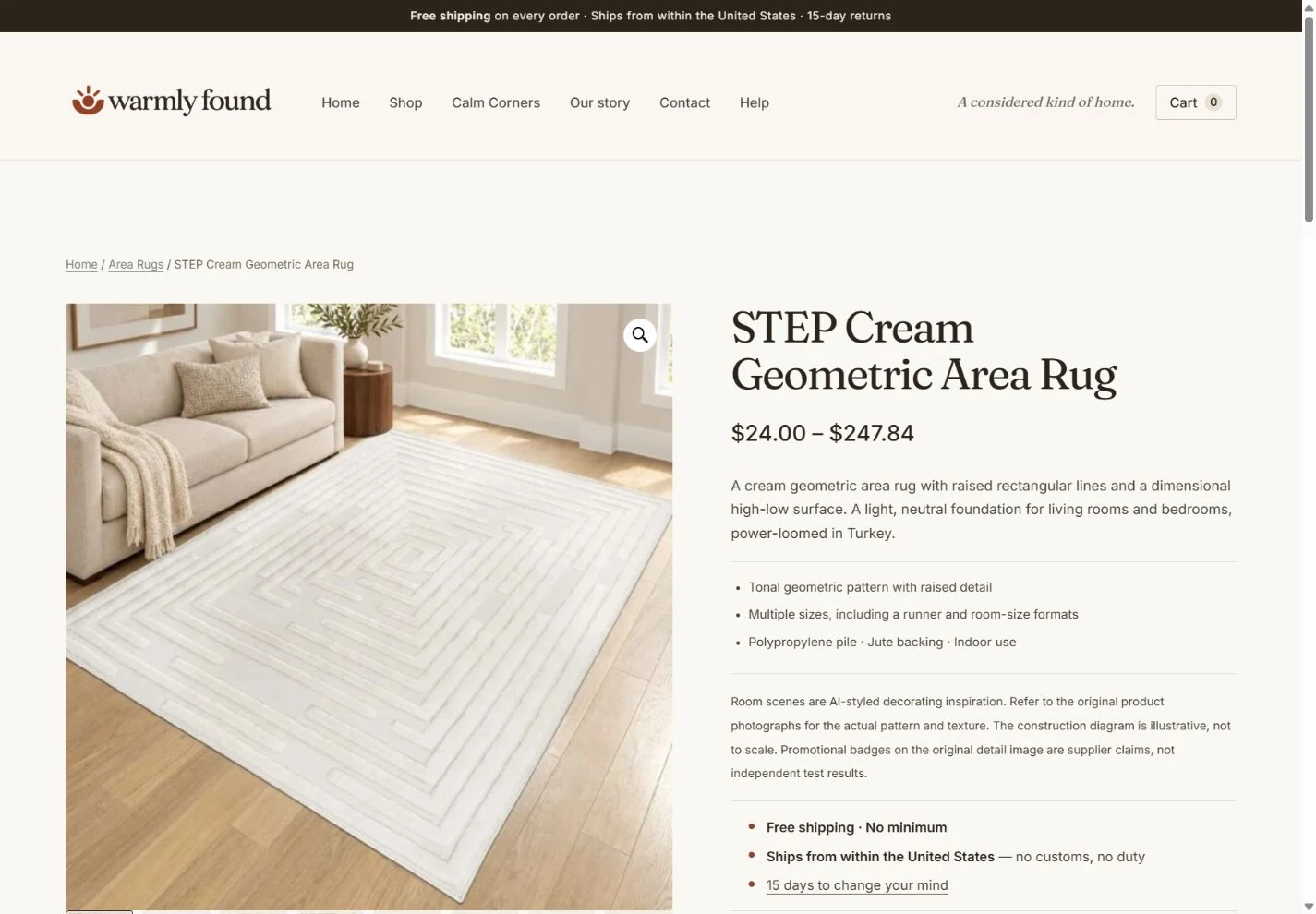 Fiche du tapis STEP Cream sur Warmly Found : galerie, prix et caractéristiques.